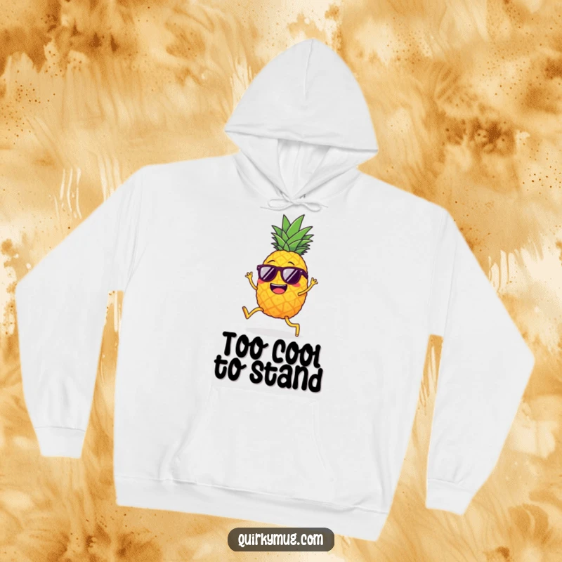 Funny giggling pineapple with legs, sunglasses, attempting to limbo, a cozy and humorous hoodie.