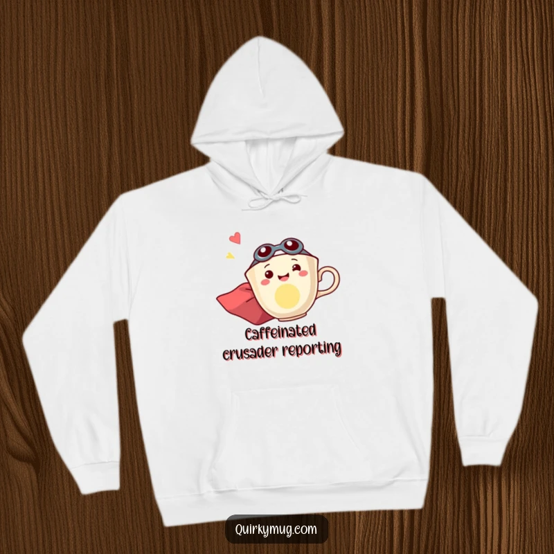 Funny hoodie depicting a smiling teacup superhero cape wearer, depicted in a thrilling sideways flight of pure excitement.