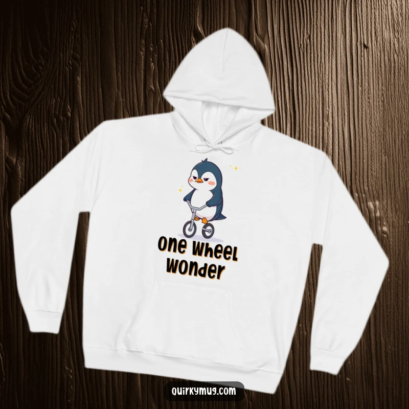 Funny penguin character in a cozy hoodie, with a determined frown, attempting to ride a tiny unicycle, embodying perseverance.