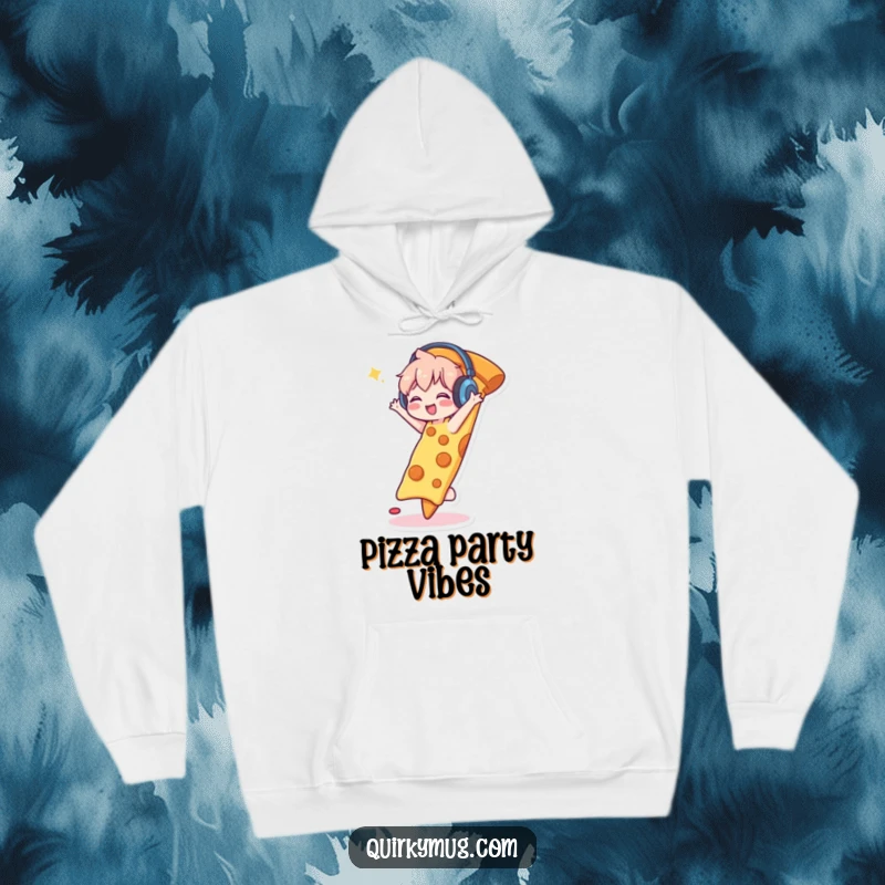 Funny hoodie featuring a cute character wearing headphones, happily dancing on a giant slice of pizza, radiating party energy.