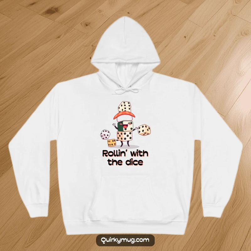 Funny hoodie featuring a sushi character joyfully juggling oversized dice, combining warmth with a humorous gambling theme.