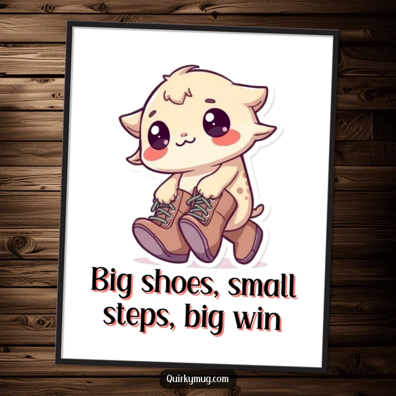 Funny Free Printable Wall Art: A little creature wearing comically large boots trips over its own feet, creating a humorous scene.