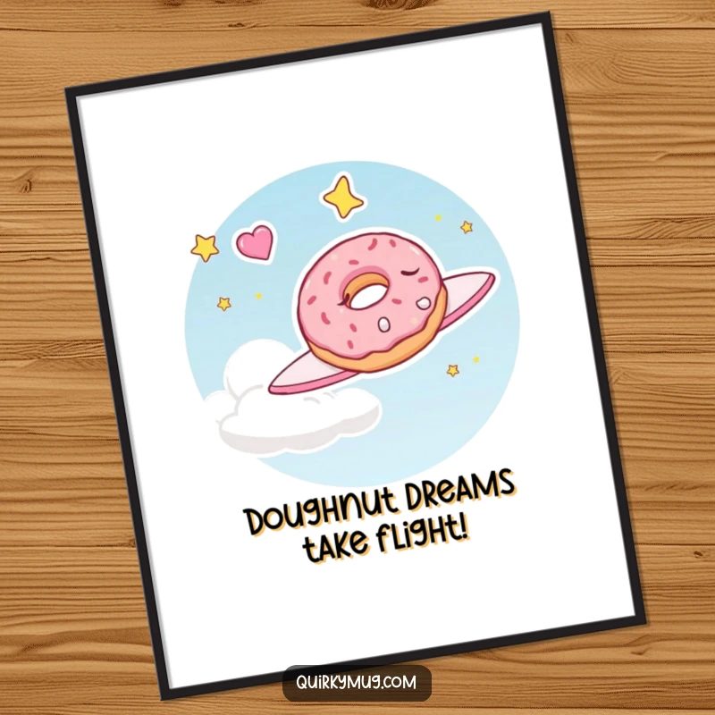 Hilarious free printable wall art of a sleepy doughnut character happily dreaming of flying through the sky, adding a whimsical touch to decor.