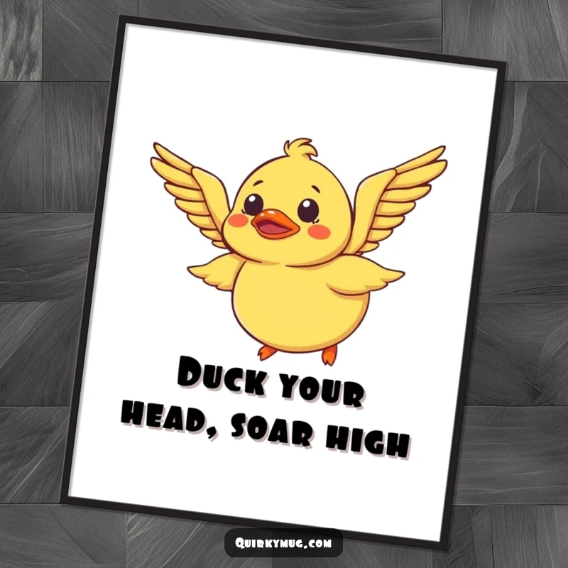 Funny free printable wall art: A bewildered rubber duck enthusiastically flapping its wings, attempting an impossible flight.