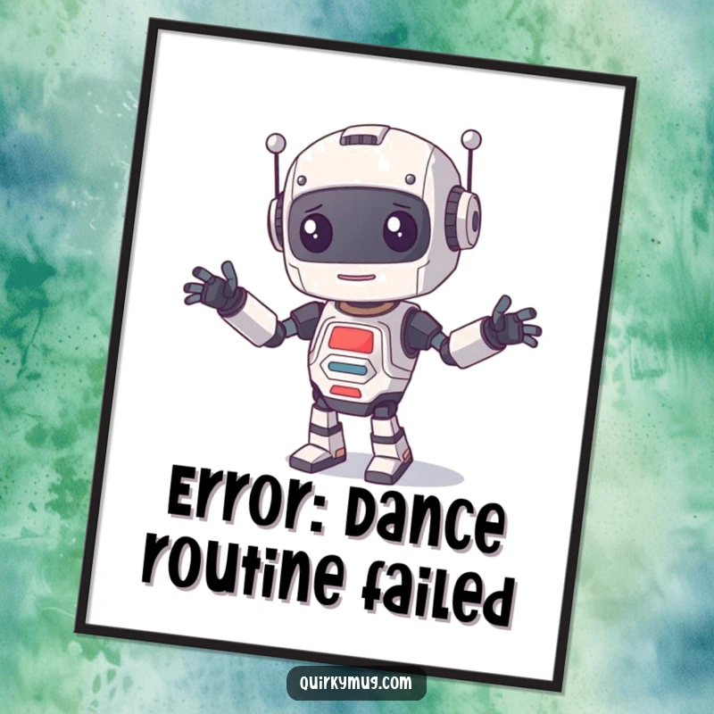 Funny Free Printable Wall Art of a robot attempting a dance, resulting in limbs scattered in a comical, chaotic display.