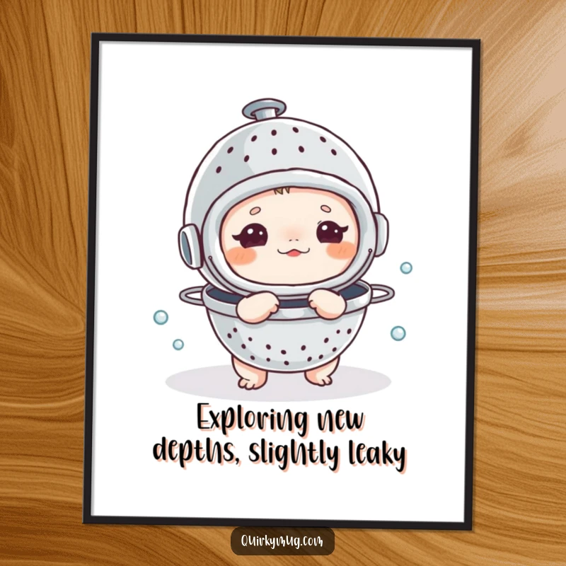 Funny Free Printable Wall Art: A small creature wears a colander as a diving helmet, exploring the unknown.