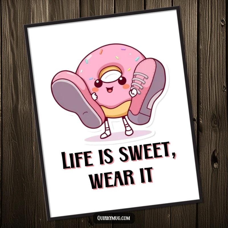 Funny Free Printable Wall Art: A donut character hilariously trying to wear a pair of comically gigantic shoes.