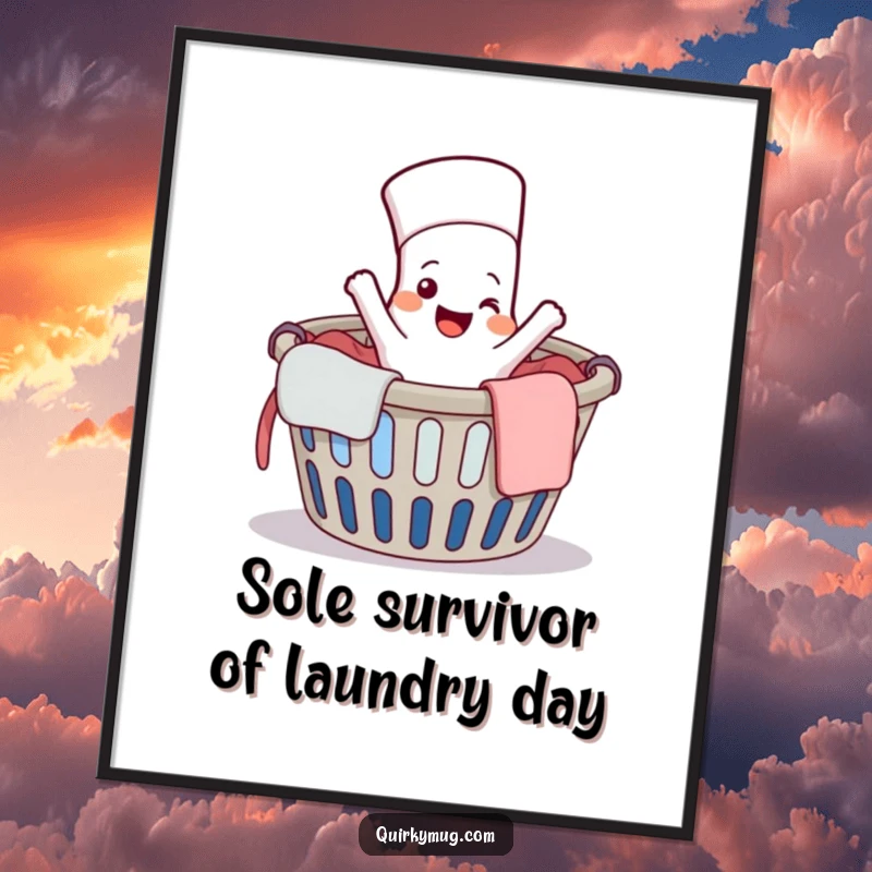 Funny Free Printable Wall Art: A cheerful sock character joyfully escaping a laundry basket, a whimsical downloadable decor piece.