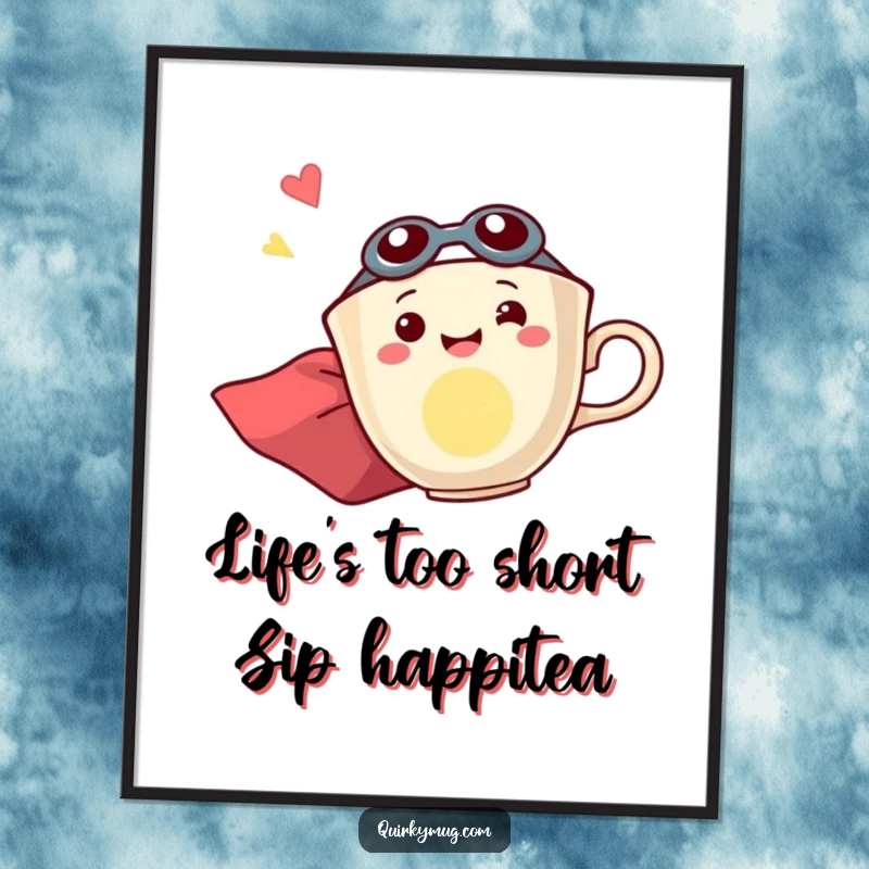 Funny Free Printable Wall Art: A teacup character in a superhero cape flies with excitement, adding quirky and fun decor.