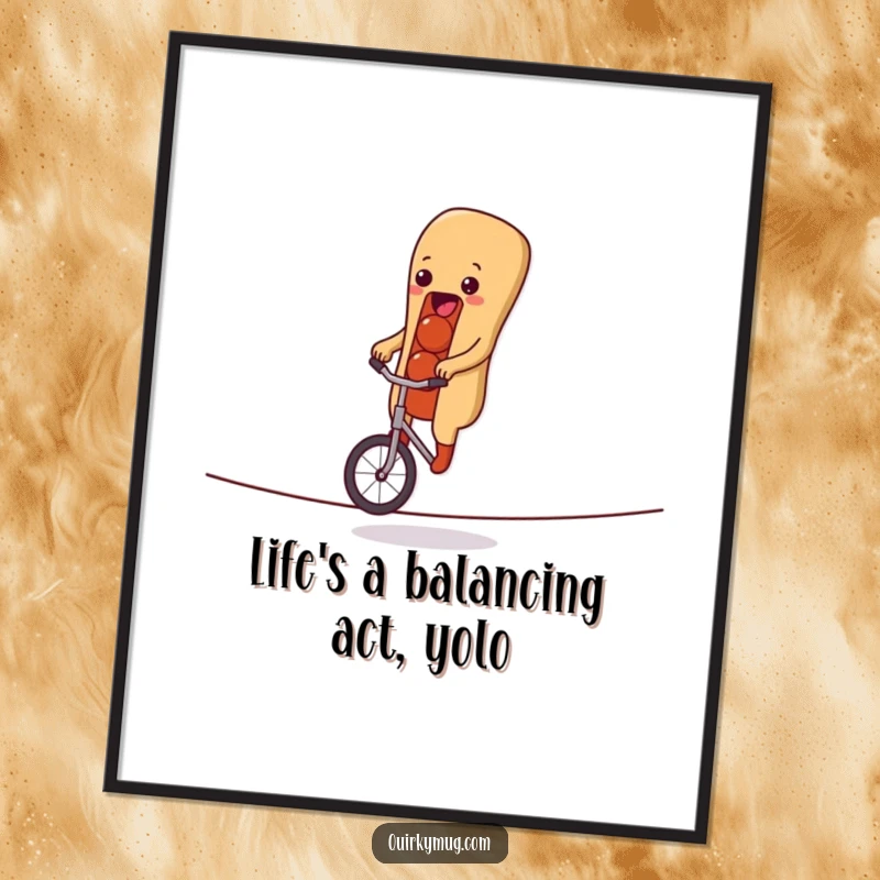 Funny Free Printable Wall Art: A happy hot dog character masterfully rides a tiny unicycle across a tightrope, bringing laughter.