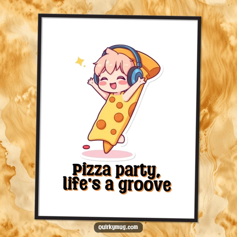 Funny Free Printable Wall Art: A character wearing headphones, happily dancing atop a massive slice of pizza, bringing fun decor.