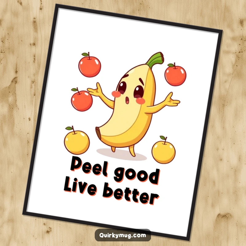Funny Free Printable Wall Art: A surprised banana character slips on its peel while juggling apples, creating quirky wall decor.