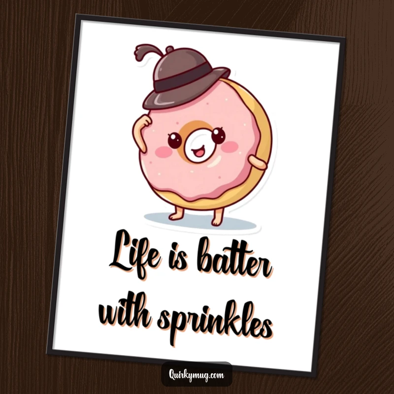 Funny Free Printable Donut Wall Art: A donut character humorously tries to wear a tiny hat that won't stay on.