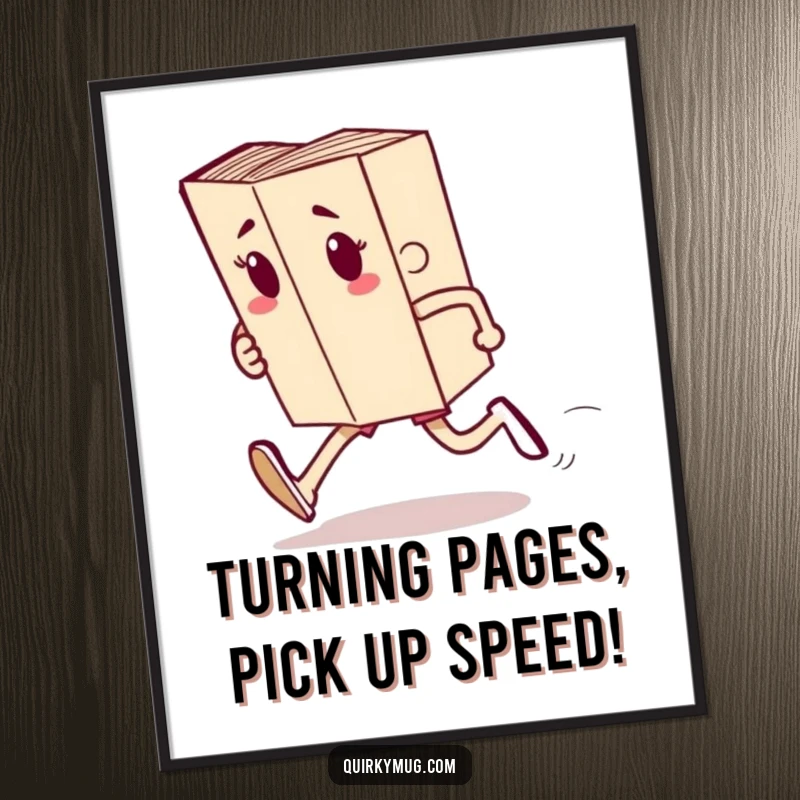 Hilarious free printable wall art of a book character enthusiastically running a race, celebrating perseverance and the joy of moving forward.