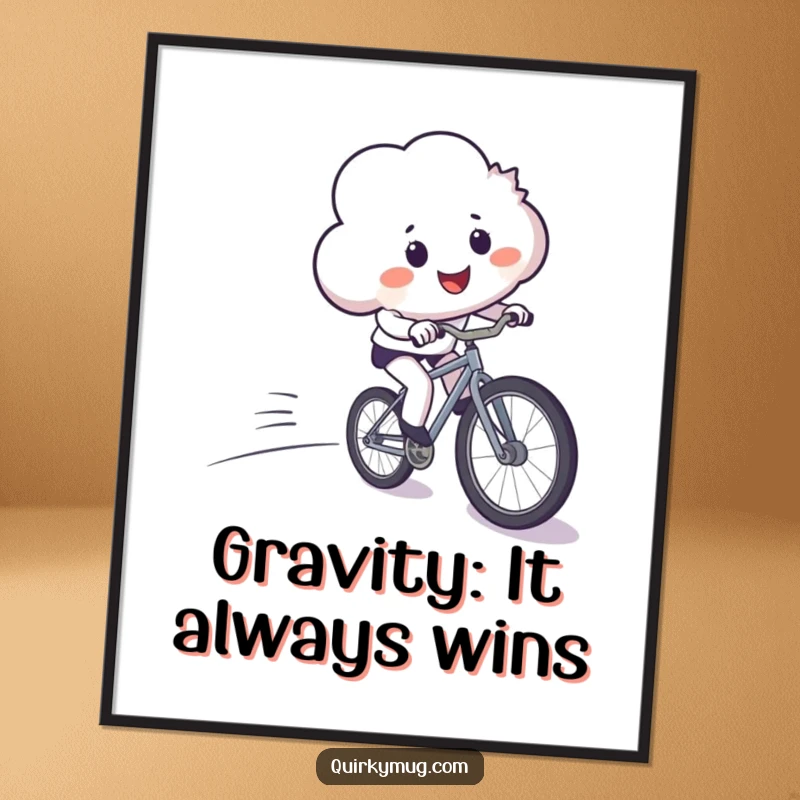 Funny free printable wall art depicting a smiling cloud character losing control on a bicycle downhill. Quirky, humorous downloadable art.