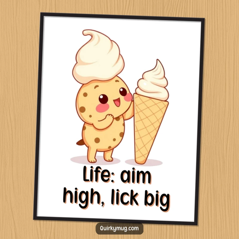Funny Free Printable Wall Art of a Kawaii cookie attempting to lick a giant ice cream cone, a sweet downloadable art.