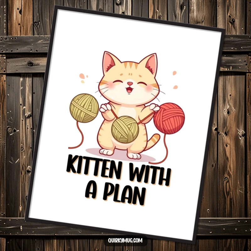 Funny Free Printable Wall Art: A mischievous cat character skillfully attempting to juggle three balls of yarn.