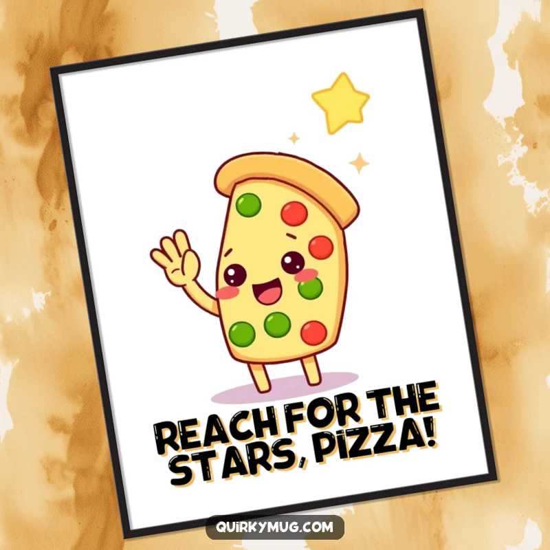 Funny Free Printable Wall Art: Kawaii pizza slice character stretching to give a high-five to a very distant, glittering star.