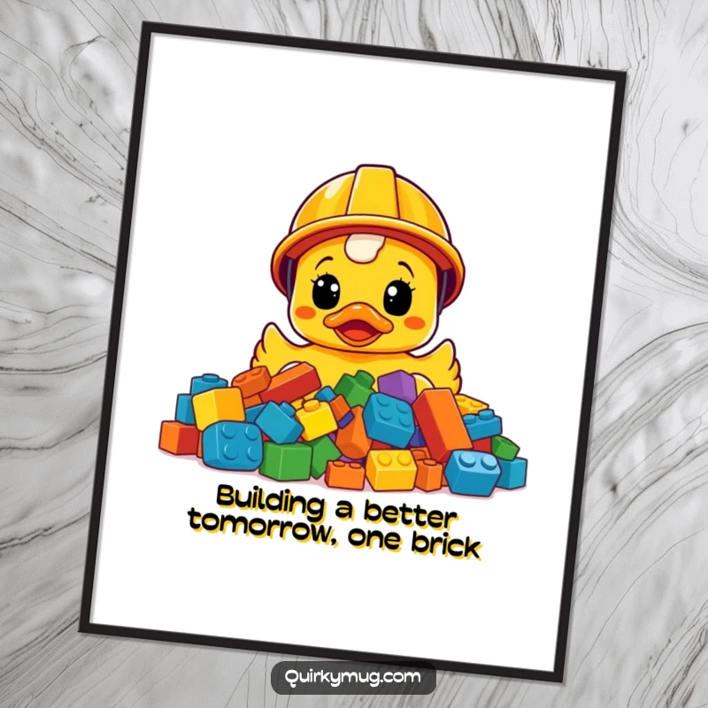 Funny Free Printable Wall Art: Rubber ducky in construction helmet, bewildered by LEGO bricks, downloadable.