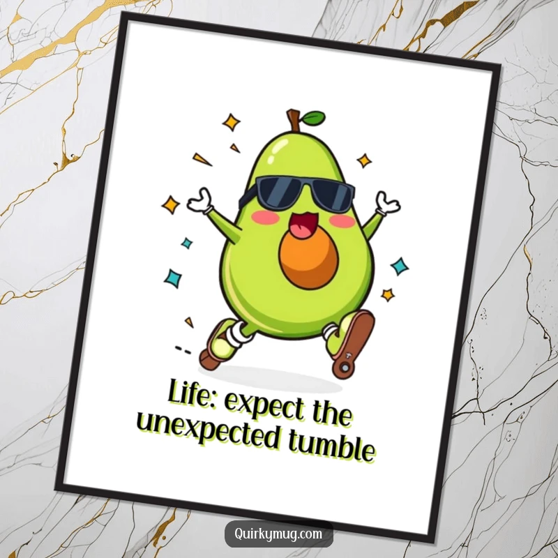 Funny Free Printable Wall Art featuring a Kawaii avocado on roller skates experiencing a spectacular fall, hilarious downloadable decor.