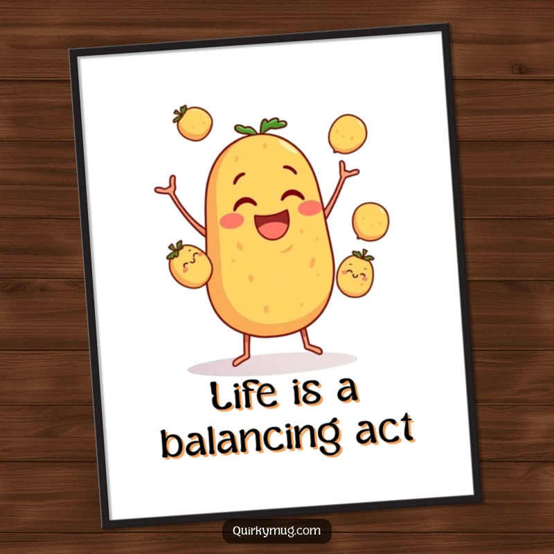 Funny Free Printable Wall Art: Clumsy potato character joyfully juggling three small potatoes, bringing laughter and charm.