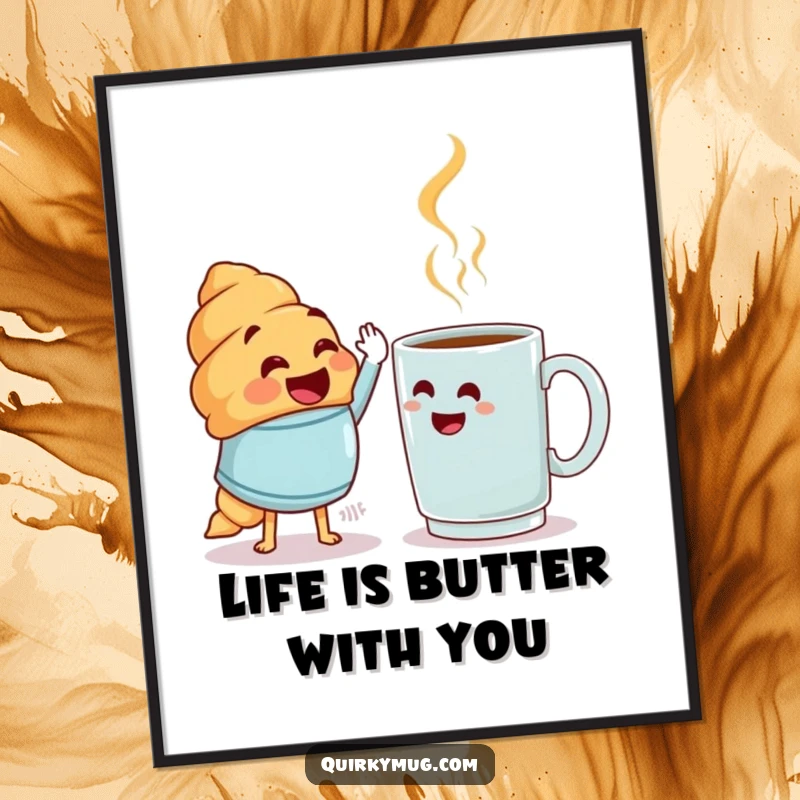 Free Printable Wall Art: A joyful croissant character hilariously attempting a high-five with a confused and bewildered coffee mug.