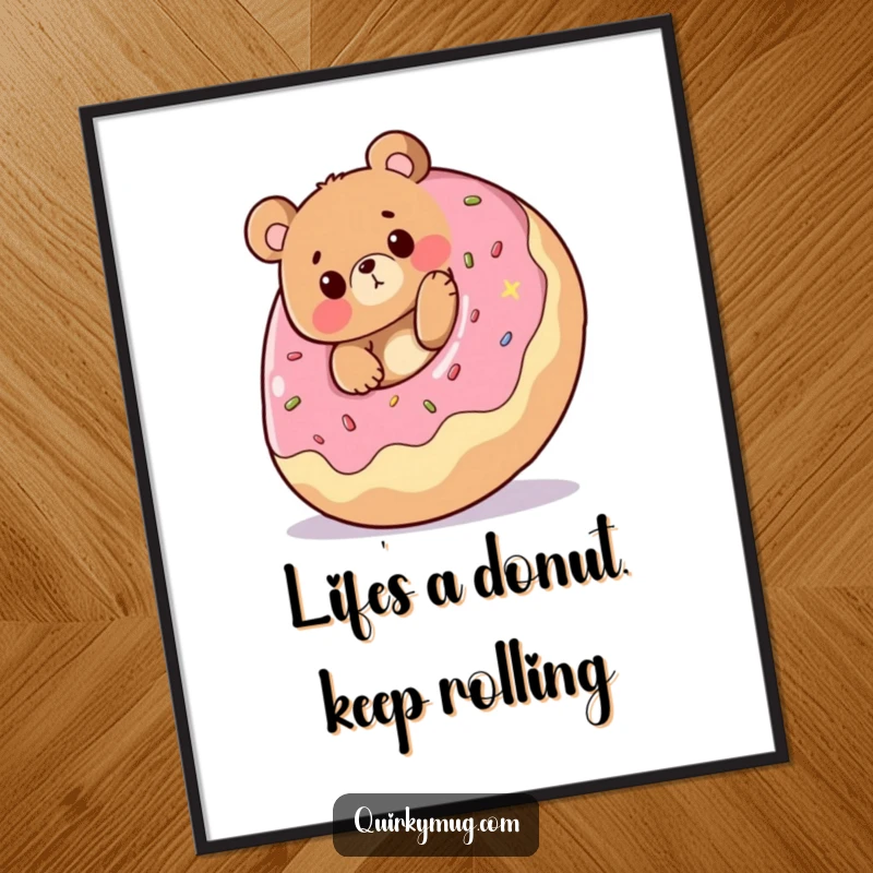 Funny Free Printable Wall Art: Cheerful bear comically tripping over a giant rolling donut, an amusing visual.