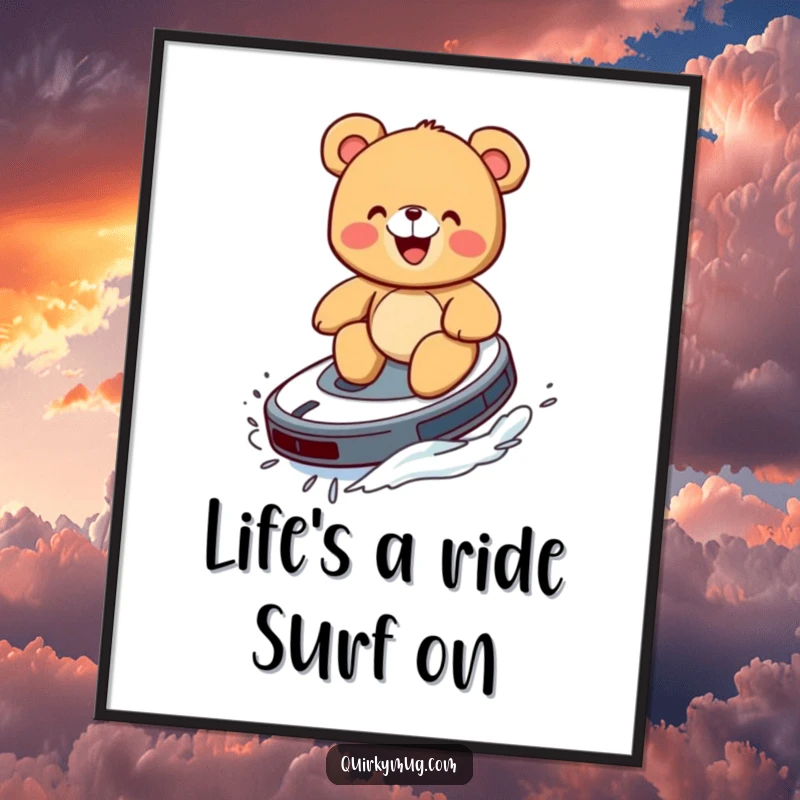 Funny Free Printable Wall Art: A teddy bear giggling while riding a Roomba like a surfboard, whimsical and humorous decor.