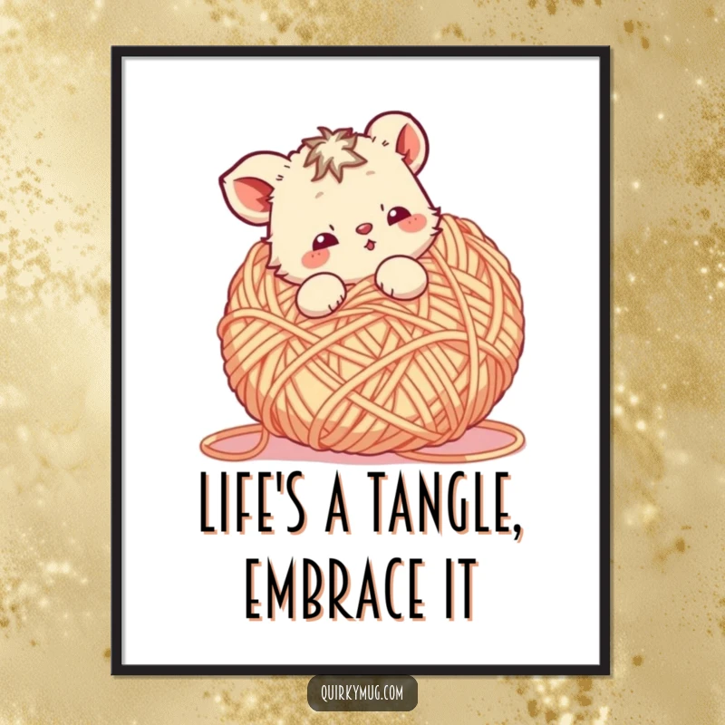 Funny Free Printable Wall Art: A cute animal character is playfully tangled in a gigantic ball of yarn the size of a car.