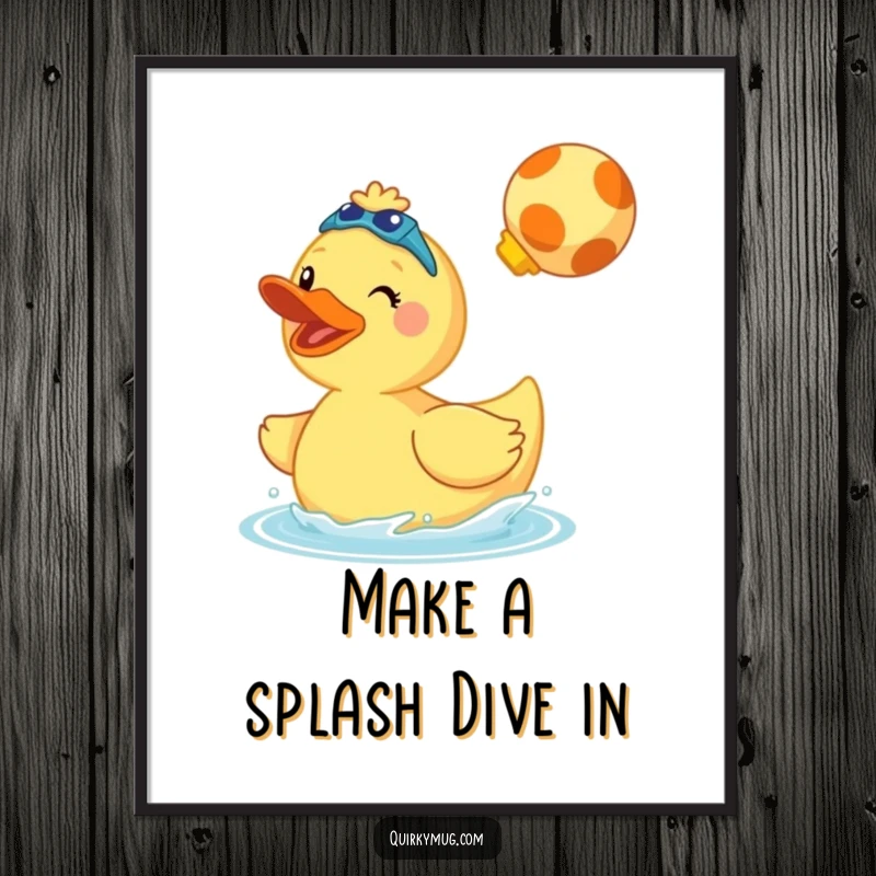 Funny Free Printable Wall Art: A cheerful giant rubber duck character in swim fins does a dramatic cannonball, fun decor.