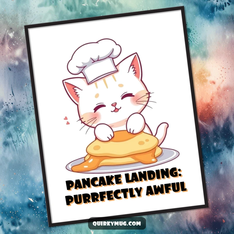 Funny Free Printable Wall Art: Cute cat wearing a chef hat, accidentally flipping a pancake onto its own head.