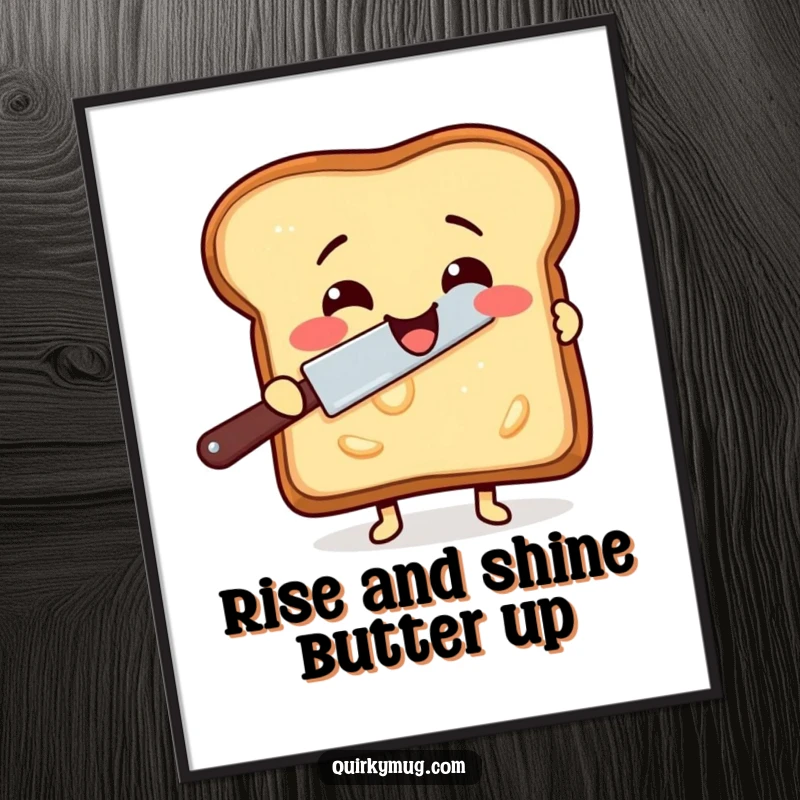 Funny Free Printable Wall Art: A delighted slice of toast character gleefully butters itself with a rogue butter knife, quirky art.