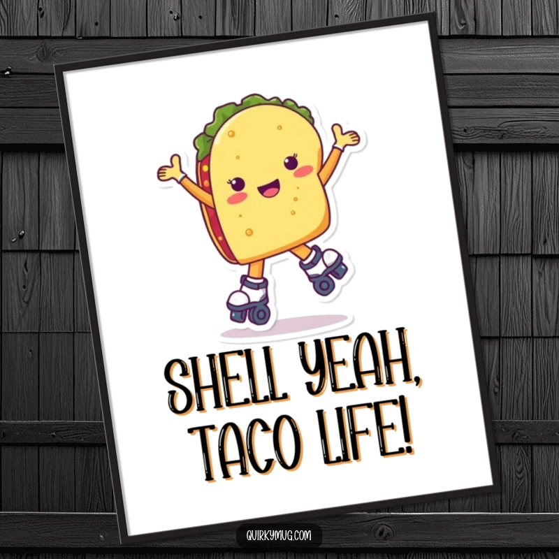 Funny Free Printable Wall Art: A taco character wobbling wildly on roller skates, arms flailing, creating a comical scene.