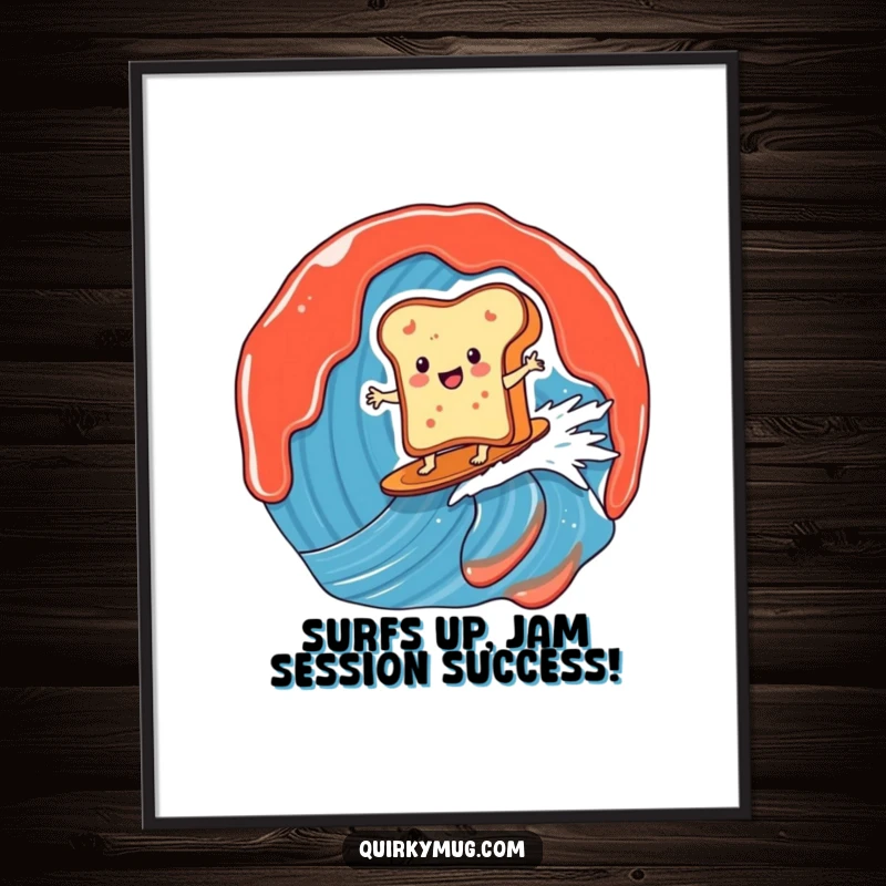 Funny Free Printable Wall Art: A smiling toast character expertly surfs a massive, vibrant jam wave.