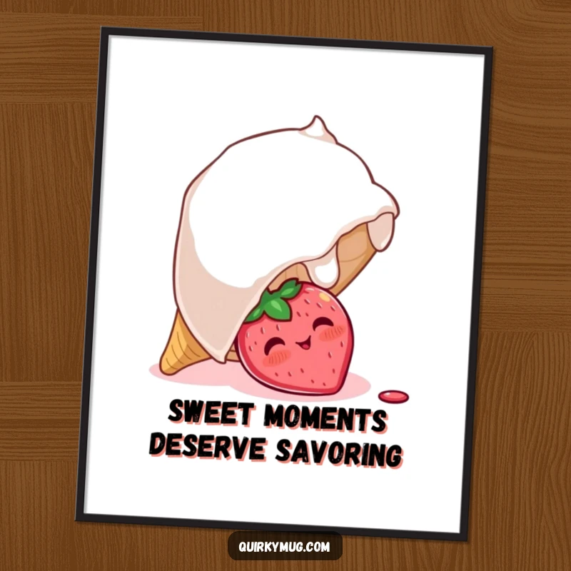 Funny Free Printable Wall Art: A blushing strawberry character peeks from under a giant, overturned ice cream cone, adding sweet charm.