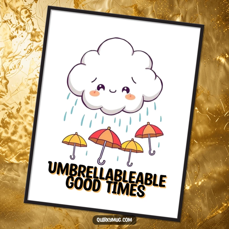 Funny Free Printable Wall Art: A cute, mischievous cloud character raining down numerous tiny, smiling umbrellas.
