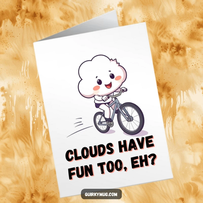 Funny free printable birthday card featuring a smiling cloud character losing control while riding a bike downhill. Hilarious DIY greeting.