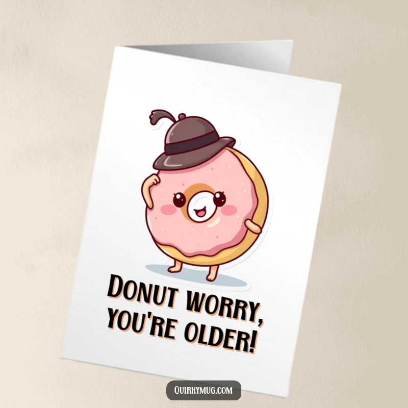 Funny Free Printable Donut Birthday Card: A happy donut struggles humorously with a tiny hat falling off.