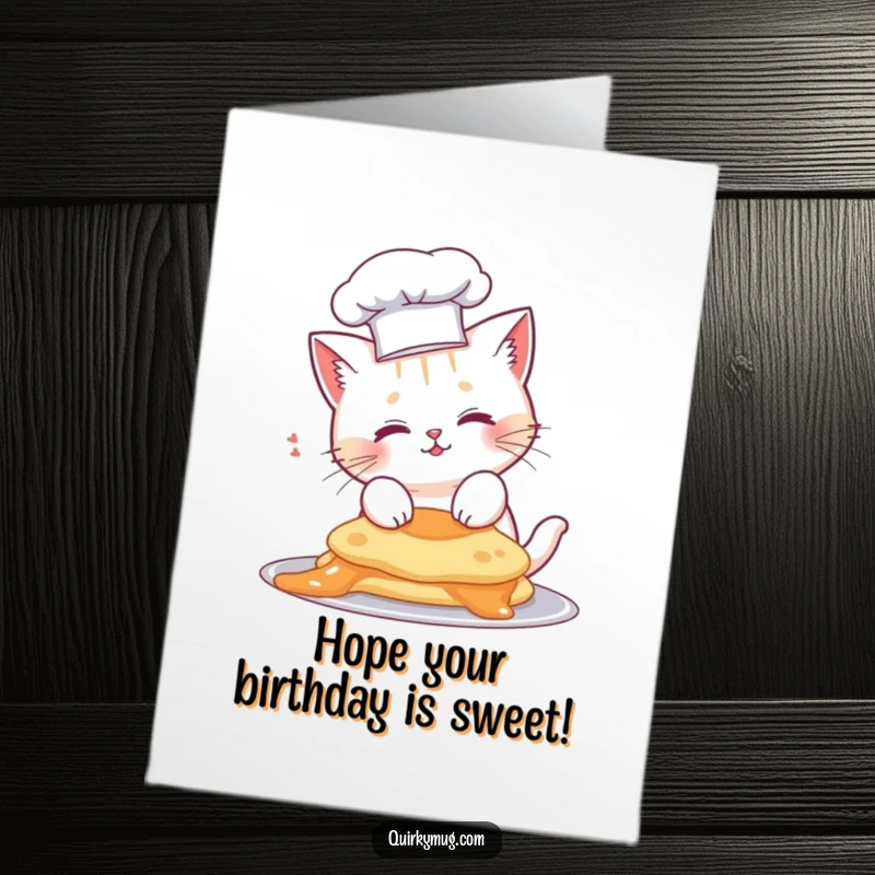 Funny Free Printable Birthday Card: Cat chef with hat, pancake flipped on head, celebrating a birthday.