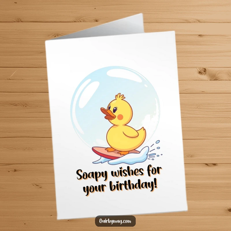 Funny Free Printable Birthday Card: Rubber duck comically surfing a giant soap bubble, ready to bring birthday cheer.