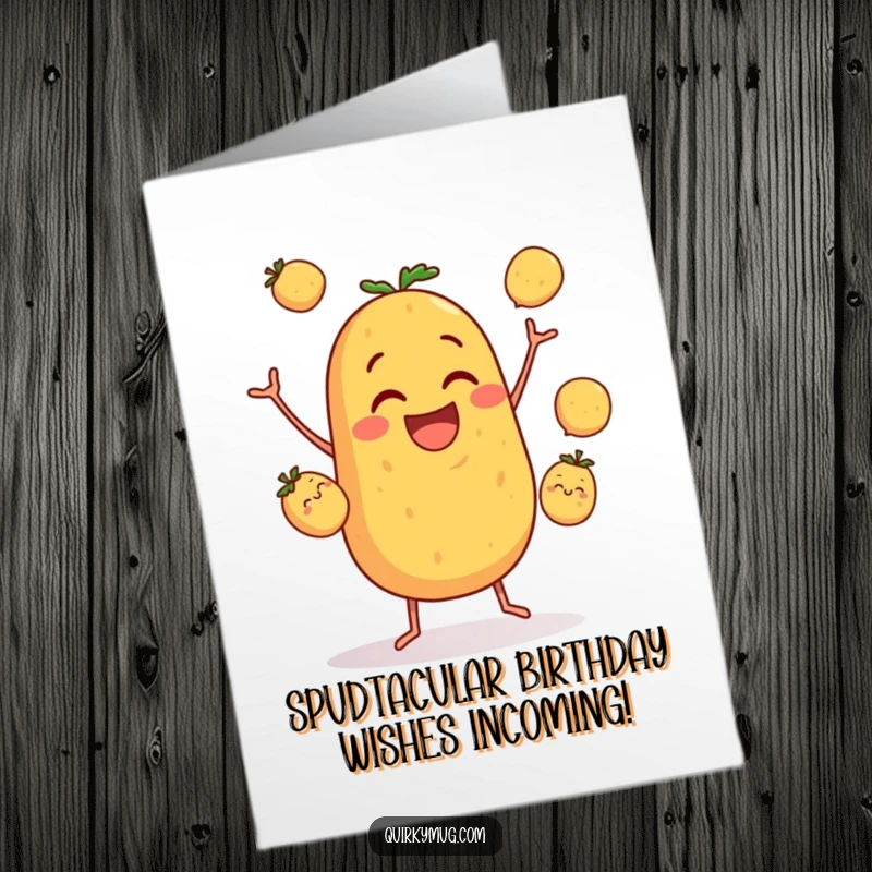 Funny Free Printable Birthday Card: Clumsy potato character hilariously attempting to juggle smaller potatoes with a big smile.