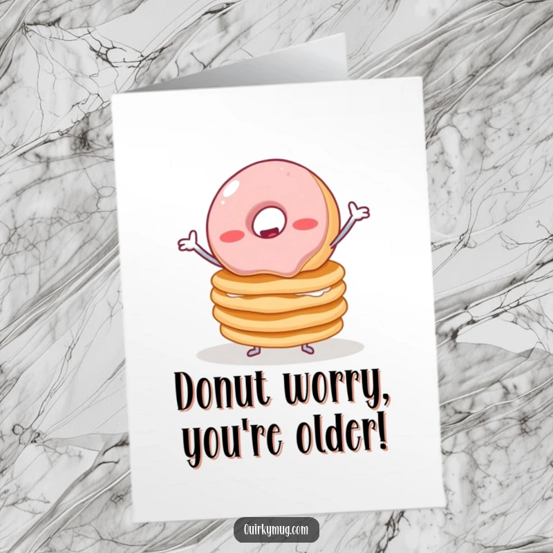 Funny Free Printable Birthday Card: A wobbly jelly donut with tiny arms hilariously trying to balance a tall stack of pancakes.