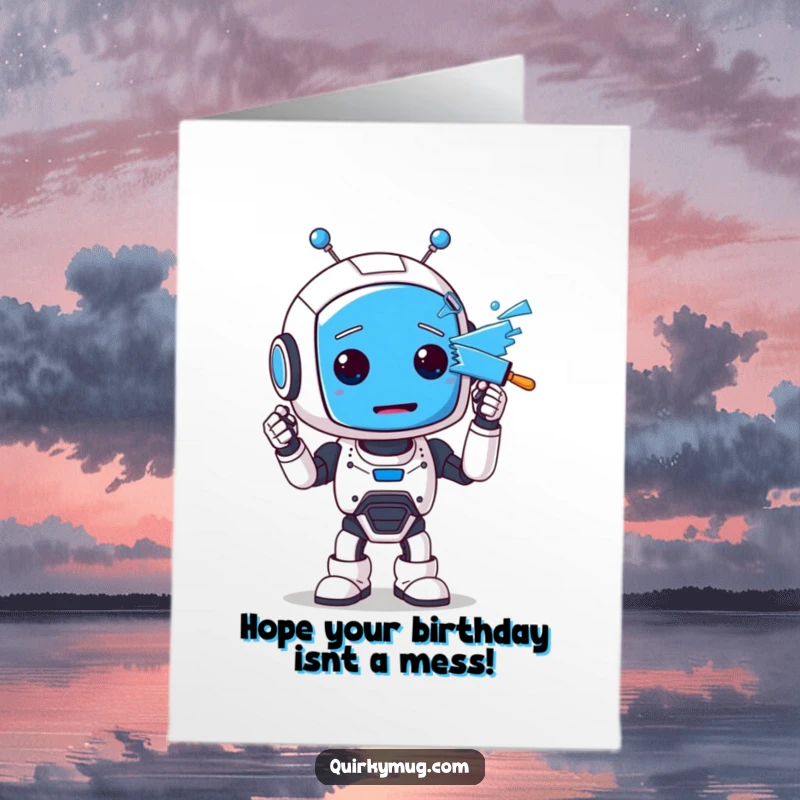 Funny Free Printable Birthday Card: A clumsy robot has accidentally painted its entire face bright blue.
