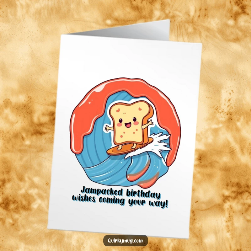 Funny Free Printable Birthday Card: Smiling toast character gleefully surfs a giant jam wave, bringing pure joy.