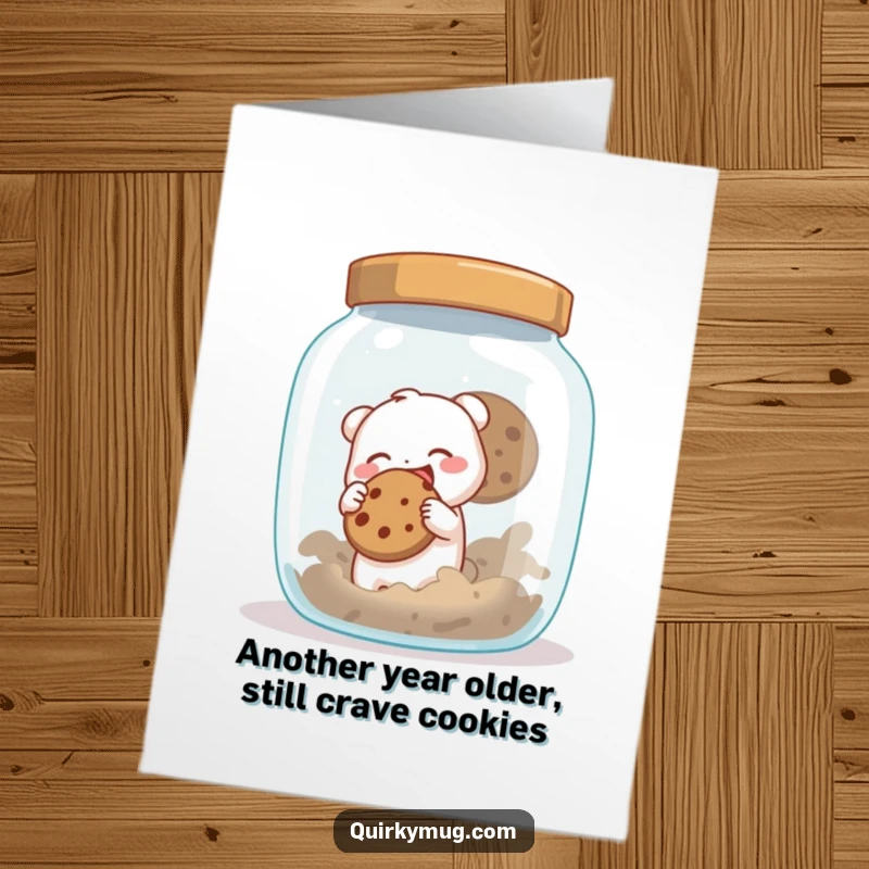 Funny Free Printable 'Cookie Bandit' Birthday Card: A small creature joyfully pilfers a giant cookie from an overflowing jar.