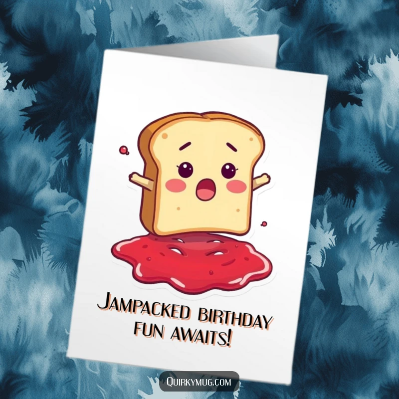 Funny Free Printable Birthday Card: Surprised bread slice character with jam all over, falling into a jam puddle.