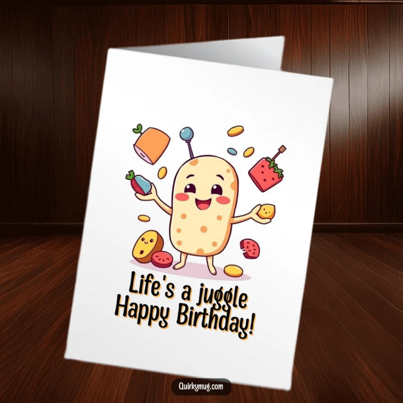 Funny Free Printable Birthday Card: Smiling food character hilariously juggling random objects, perfect for a laugh.