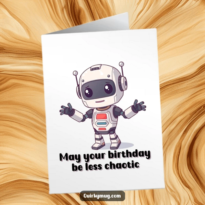 Funny Free Printable Birthday Card: a curious robot with limbs flailing wildly in a hilarious, failed dance attempt.