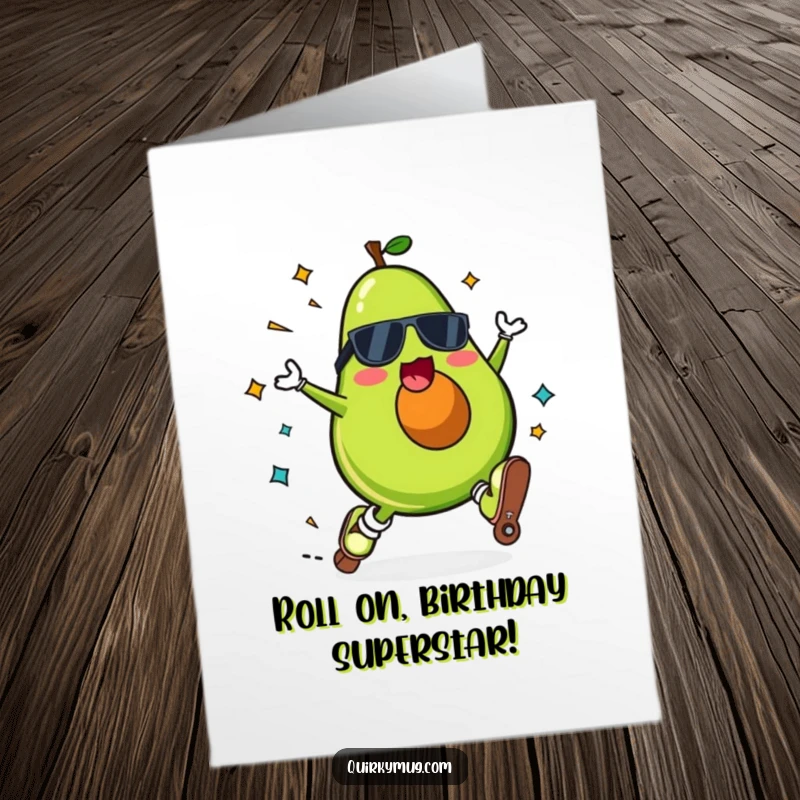 Funny Free Printable Birthday Card featuring a Kawaii avocado roller skating and falling spectacularly, a hilarious downloadable gift.