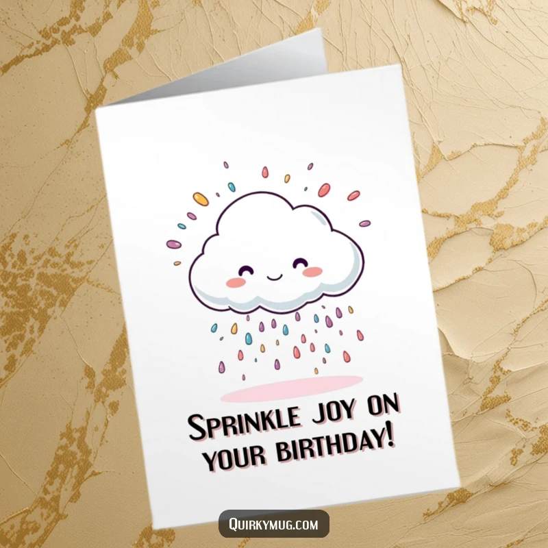 Funny Free Printable Birthday Card: A happy cloud character raining oversized, colorful sprinkles for a birthday.